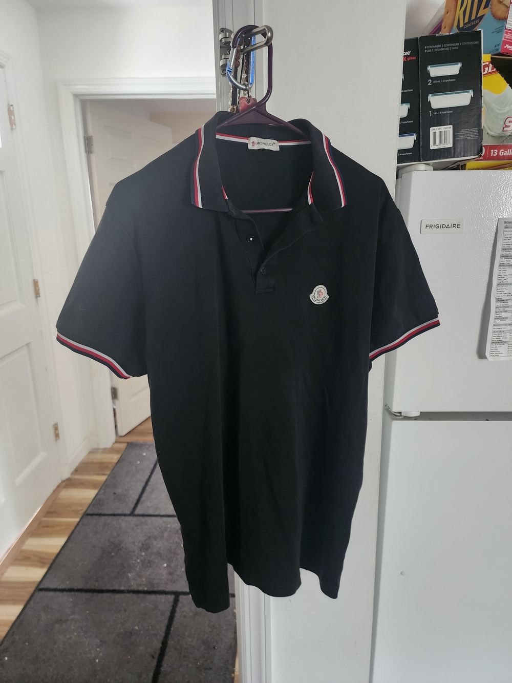 Moncler Black Polo with Red and White Stripe Trim. M to L